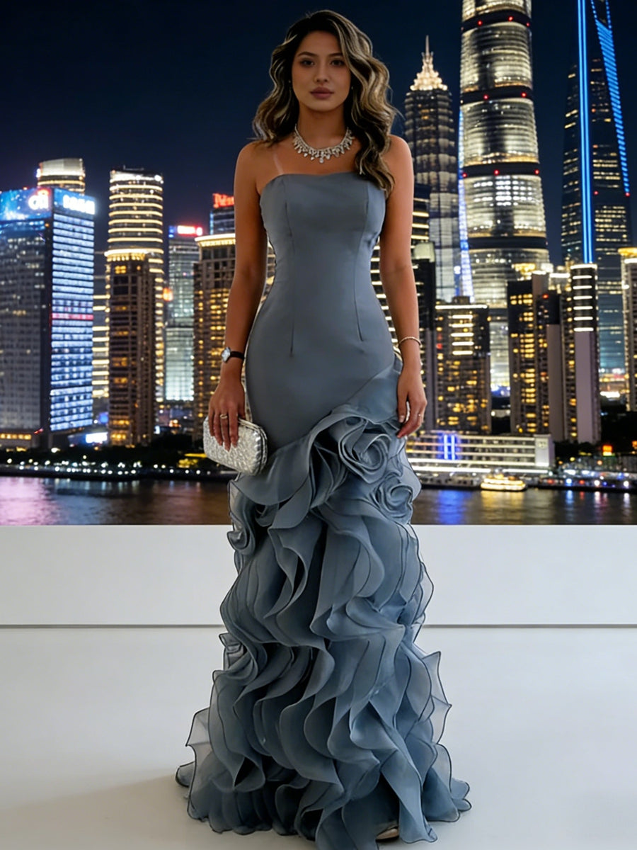 Elegant Satin Evening Gown with Tiered Ruffles | Floor-Length Design for Stunning Elegance