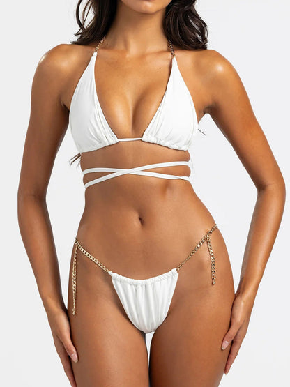 Elegant Swimwear | Women's Bikini Set with Sparkly Chain Trim | Adjustable Ties for Flattering Sun-Kissed Style