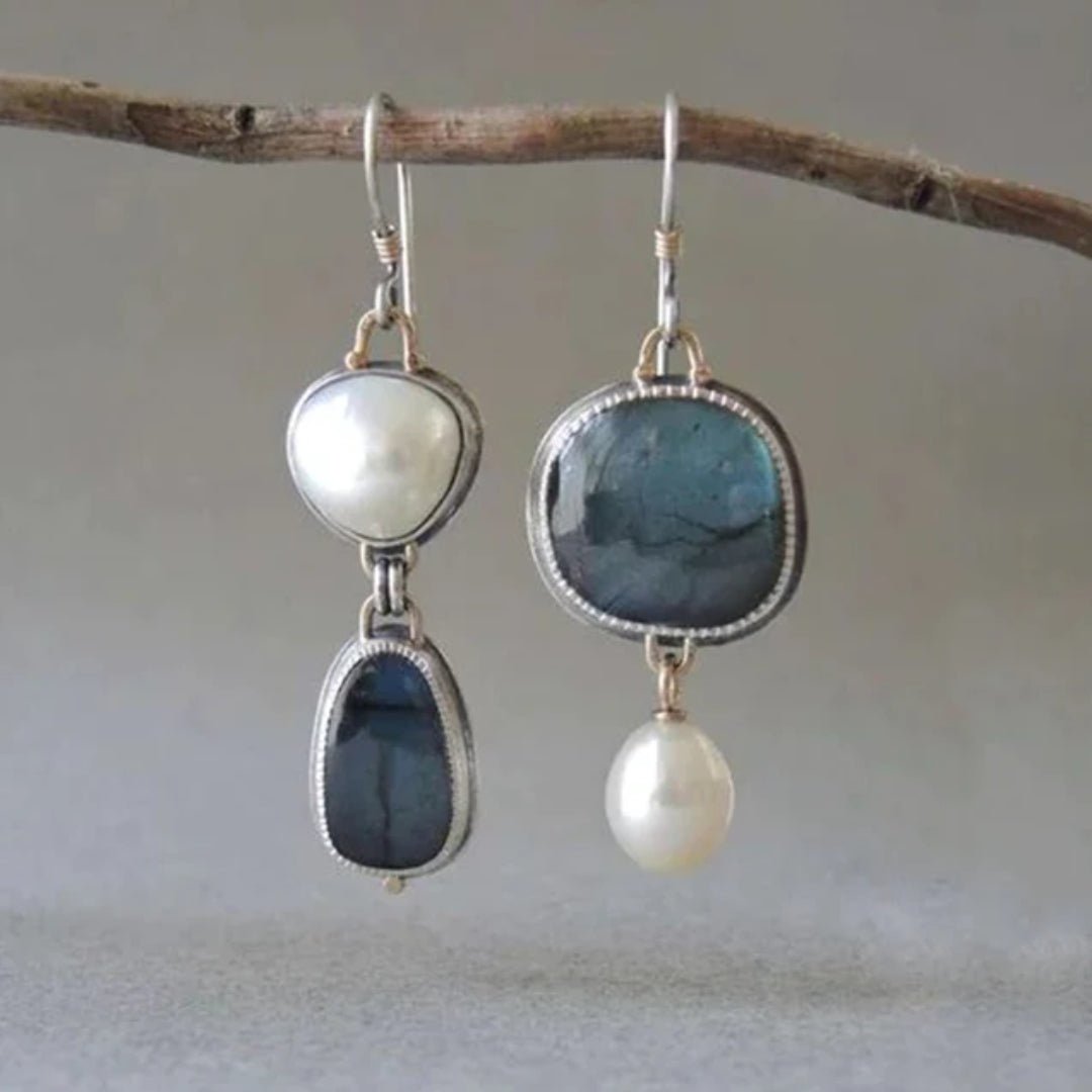 Elegant Vintage Pearl Earrings with Blue Gemstone Accent | Timeless Design for Women