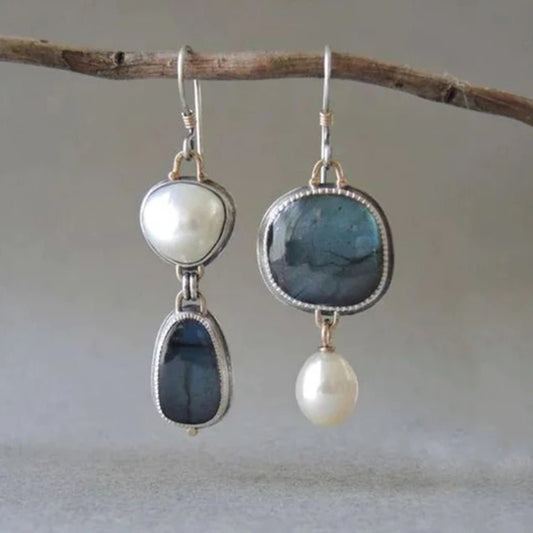 Elegant Vintage Pearl Earrings with Blue Gemstone Accent | Timeless Design for Women