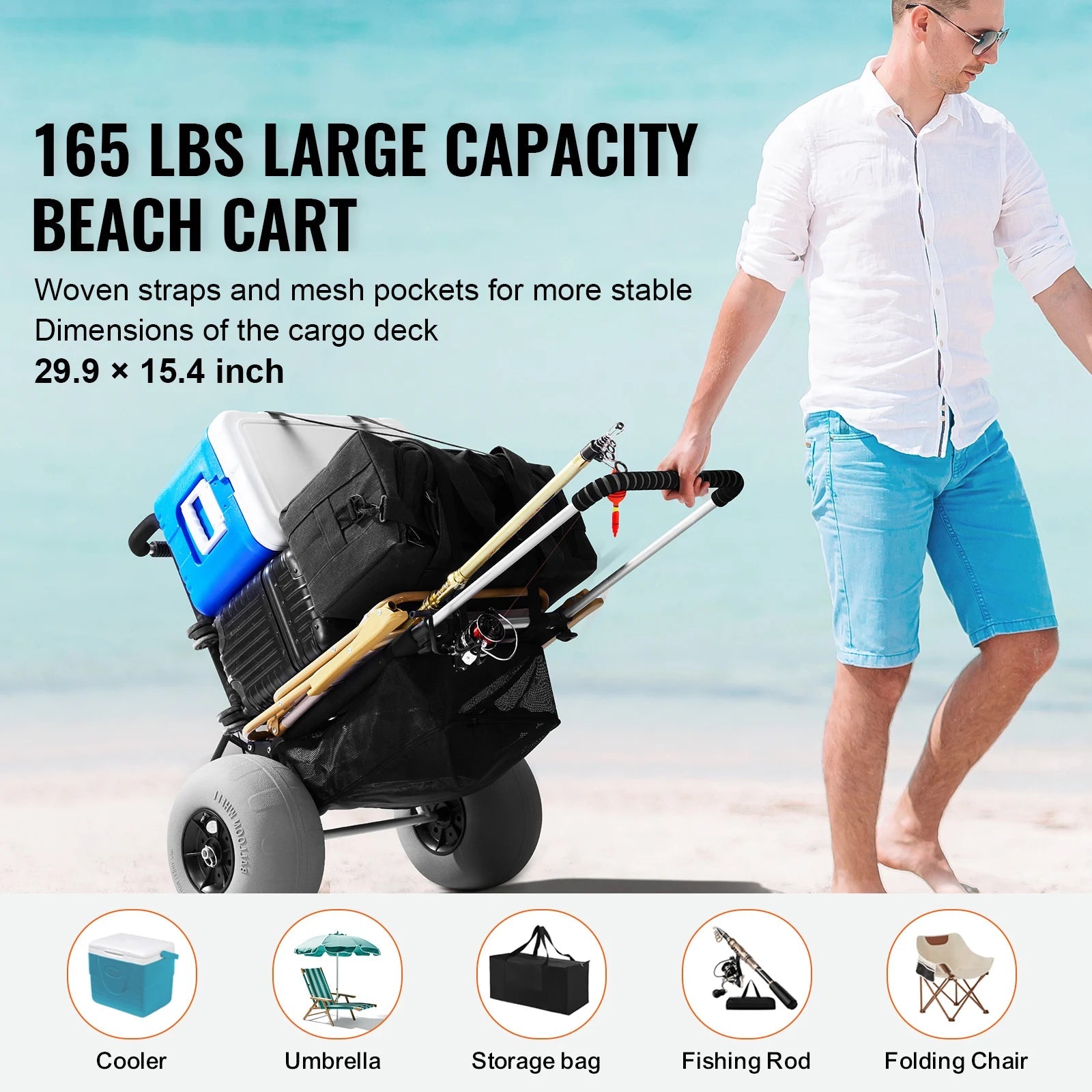 Folding Beach Cart with Balloon Wheels — 165LB Heavy-Duty Sand Cart