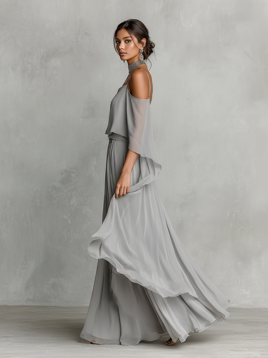 Women's Grey Chiffon Two-Piece Set — Cold Shoulder Top & Flared Skirt