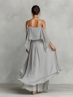Women's Grey Chiffon Two-Piece Set — Cold Shoulder Top & Flared Skirt