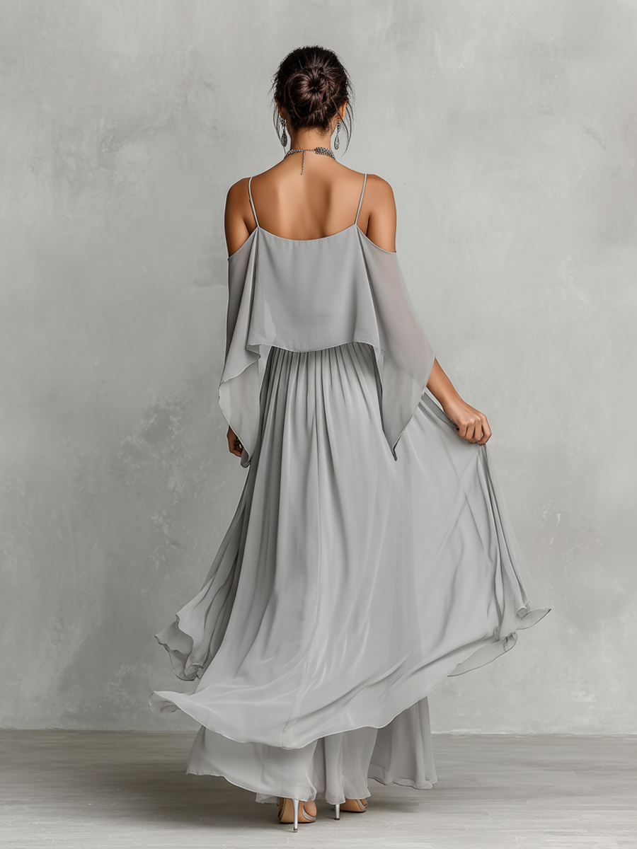 Women's Grey Chiffon Two-Piece Set — Cold Shoulder Top & Flared Skirt