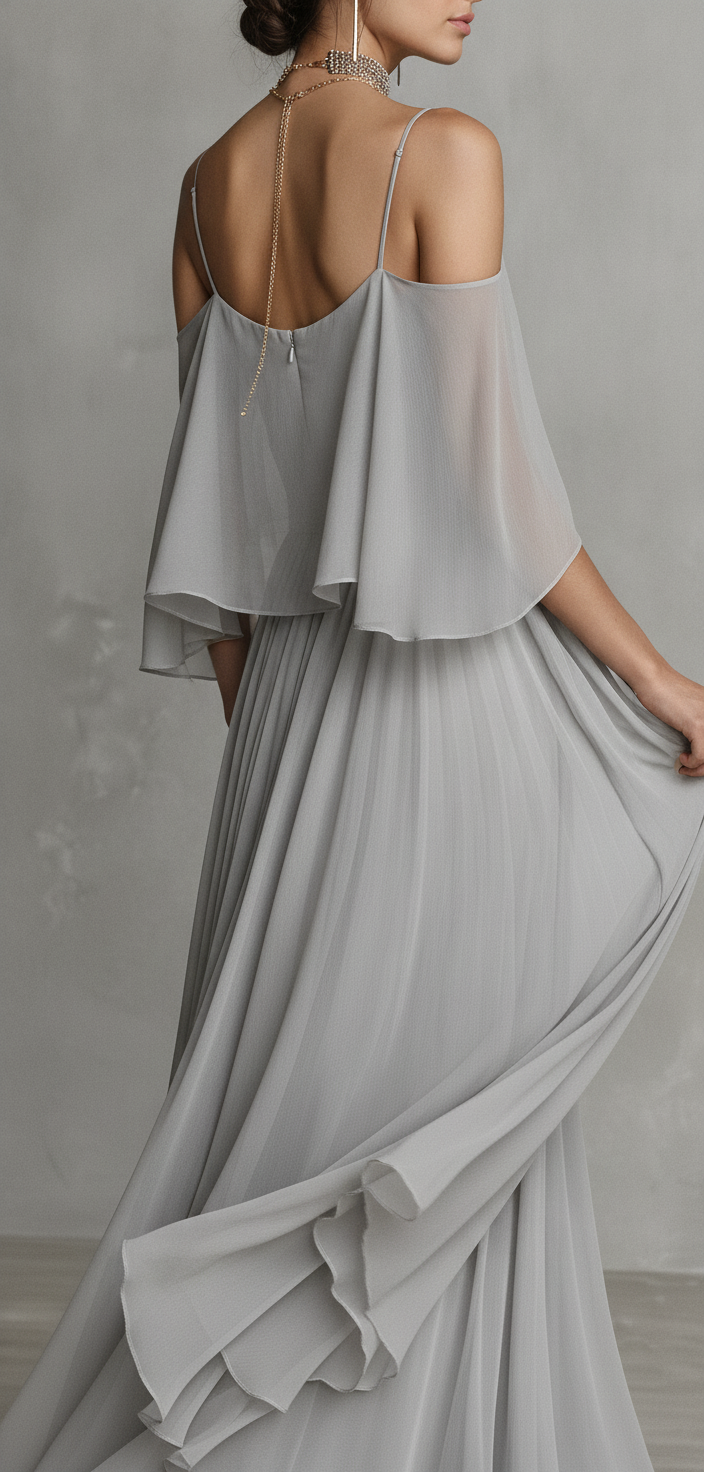Women's Grey Chiffon Two-Piece Set — Cold Shoulder Top & Flared Skirt