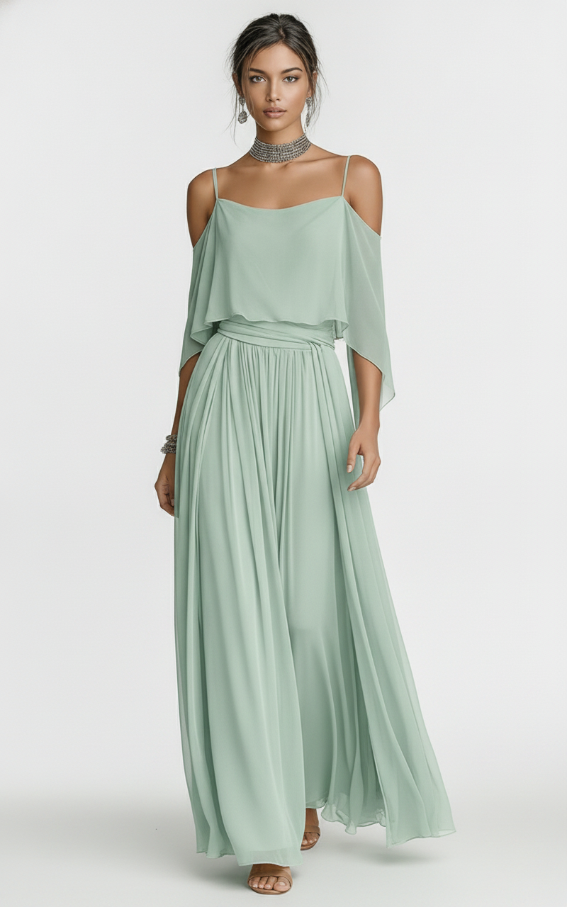 Women's Grey Chiffon Two-Piece Set — Cold Shoulder Top & Flared Skirt