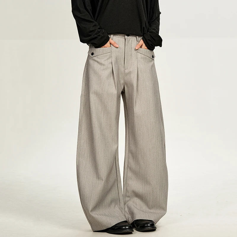 Grey Double Pleat Bootcut Pants for Men – Loose Fit Casual Dress Trousers