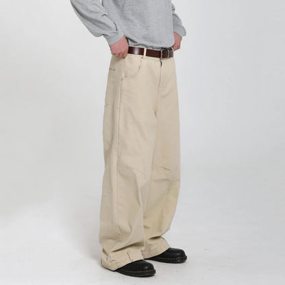 Men's Wide Leg Jeans - Cleanfit Washed Loose Fit Casual Solid Color Streetwear Trousers