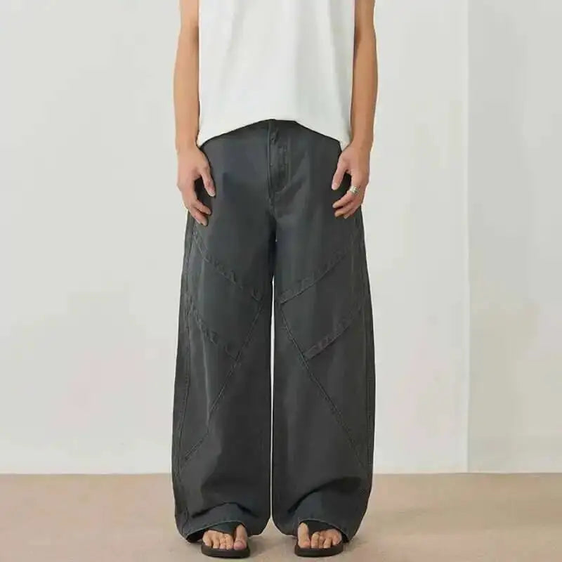 Men's Curved Cargo Pants - American Washed Loose Fit Vintage 3D Deconstructed Trousers