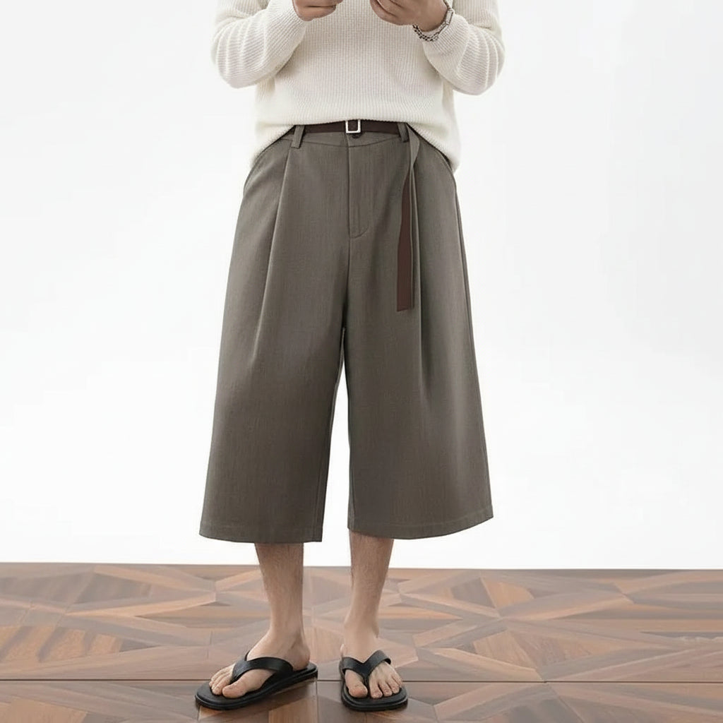 Men's Wide Leg Pleated Shorts Retro Loose Fit Color Block Waist Casual Streetwear Knee Length Culottes