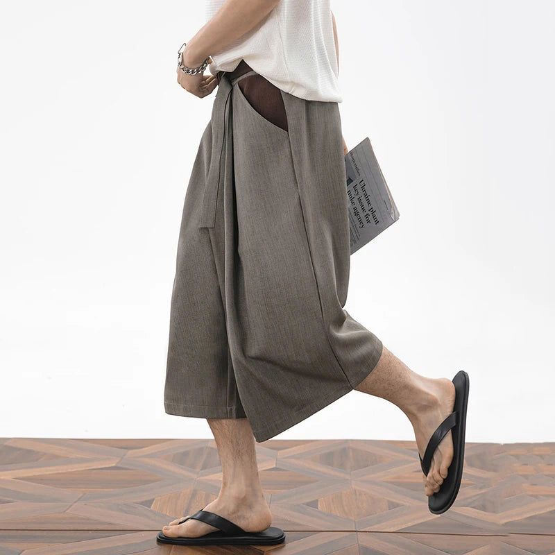 Men's Wide Leg Pleated Shorts Retro Loose Fit Color Block Waist Casual Streetwear Knee Length Culottes