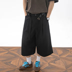 Men's Wide Leg Pleated Shorts Retro Loose Fit Color Block Waist Casual Streetwear Knee Length Culottes