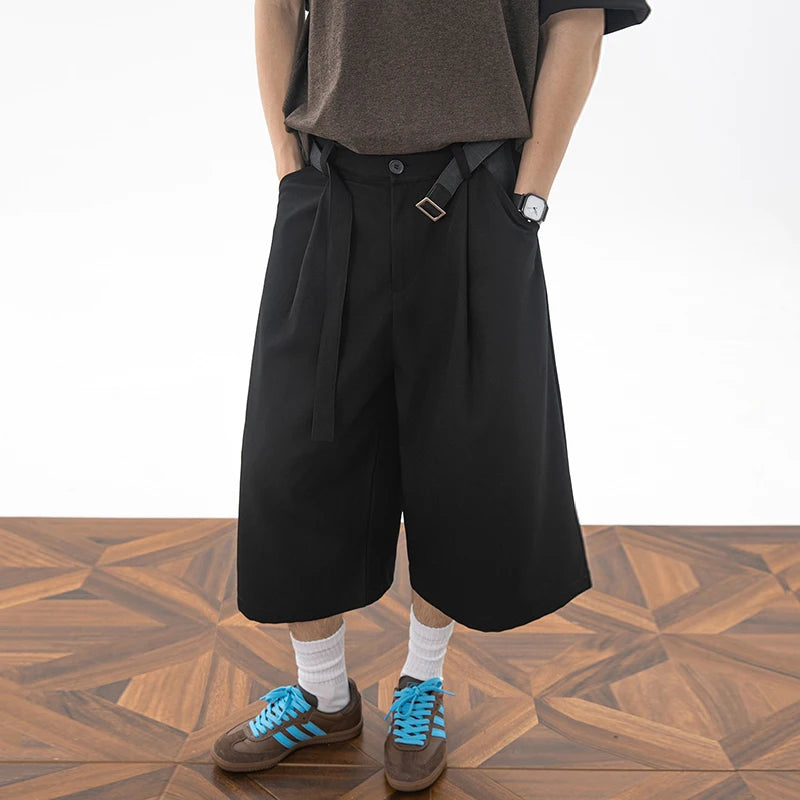 Men's Wide Leg Pleated Shorts Retro Loose Fit Color Block Waist Casual Streetwear Knee Length Culottes