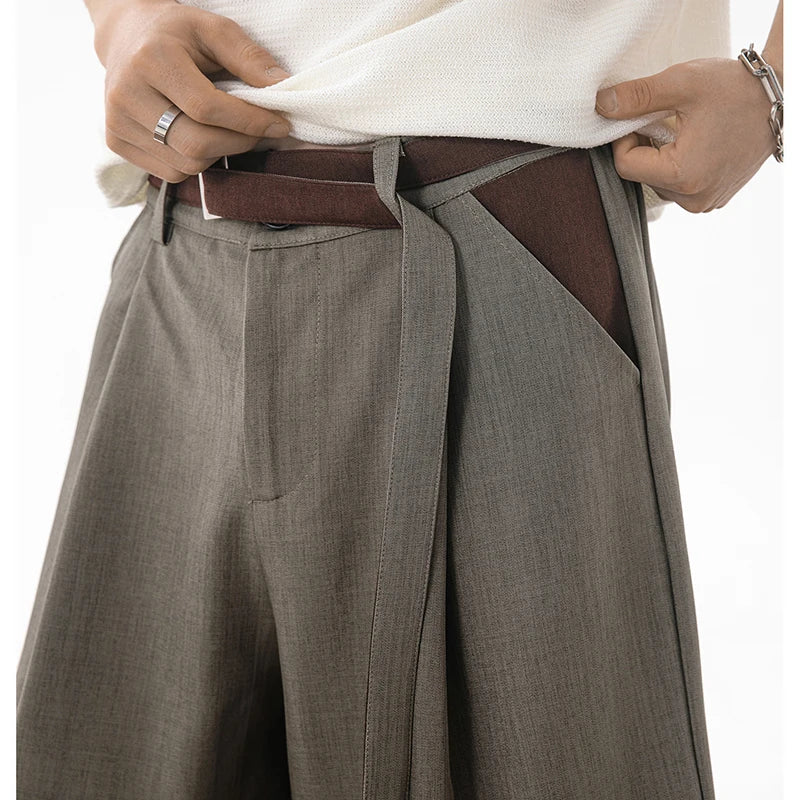 Men's Wide Leg Pleated Shorts Retro Loose Fit Color Block Waist Casual Streetwear Knee Length Culottes
