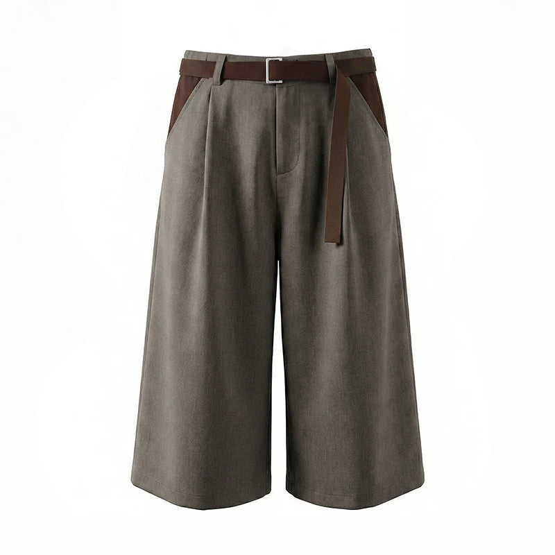 Men's Wide Leg Pleated Shorts Retro Loose Fit Color Block Waist Casual Streetwear Knee Length Culottes