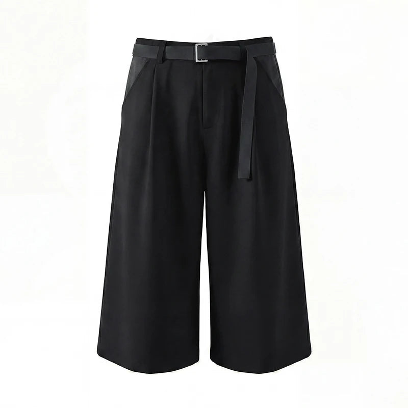 Men's Wide Leg Pleated Shorts Retro Loose Fit Color Block Waist Casual Streetwear Knee Length Culottes