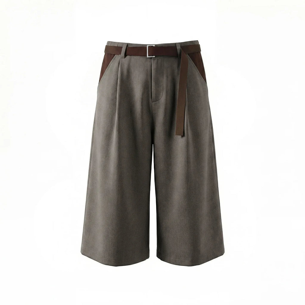 Men's Wide Leg Pleated Shorts Retro Loose Fit Color Block Waist Casual Streetwear Knee Length Culottes