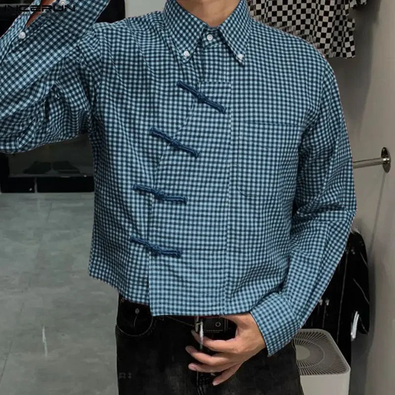 Men's Plaid Patchwork Shirt – Long Sleeve Loose Fit Lapel Streetwear Casual Top
