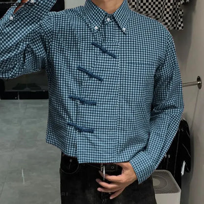 Men's Plaid Patchwork Shirt – Long Sleeve Loose Fit Lapel Streetwear Casual Top