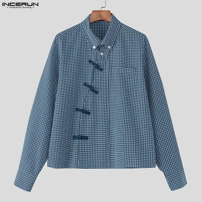 Men's Plaid Patchwork Shirt – Long Sleeve Loose Fit Lapel Streetwear Casual Top