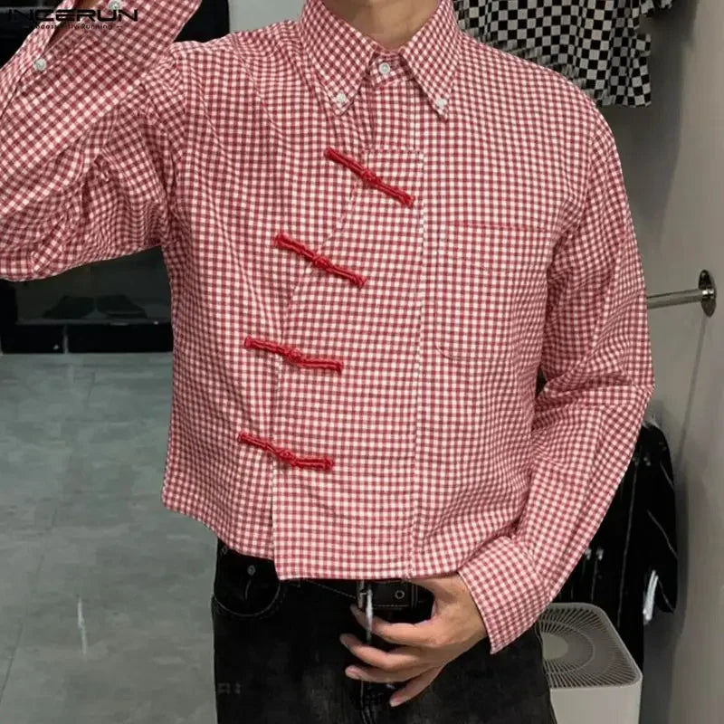 Men's Plaid Patchwork Shirt – Long Sleeve Loose Fit Lapel Streetwear Casual Top