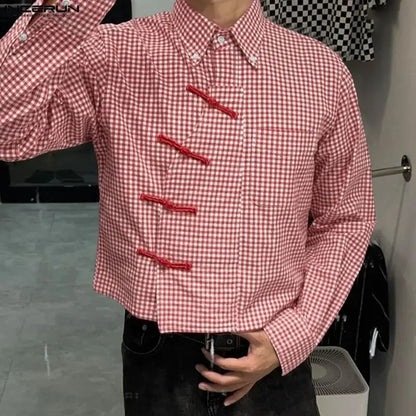 Men's Plaid Patchwork Shirt – Long Sleeve Loose Fit Lapel Streetwear Casual Top