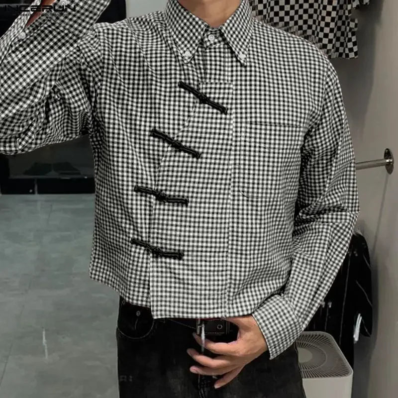 Men's Plaid Patchwork Shirt – Long Sleeve Loose Fit Lapel Streetwear Casual Top