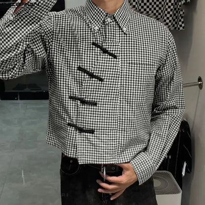Men's Plaid Patchwork Shirt – Long Sleeve Loose Fit Lapel Streetwear Casual Top