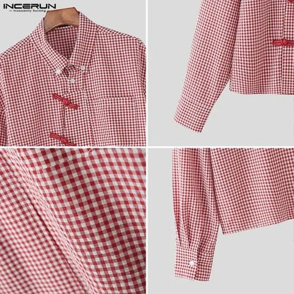 Men's Plaid Patchwork Shirt – Long Sleeve Loose Fit Lapel Streetwear Casual Top