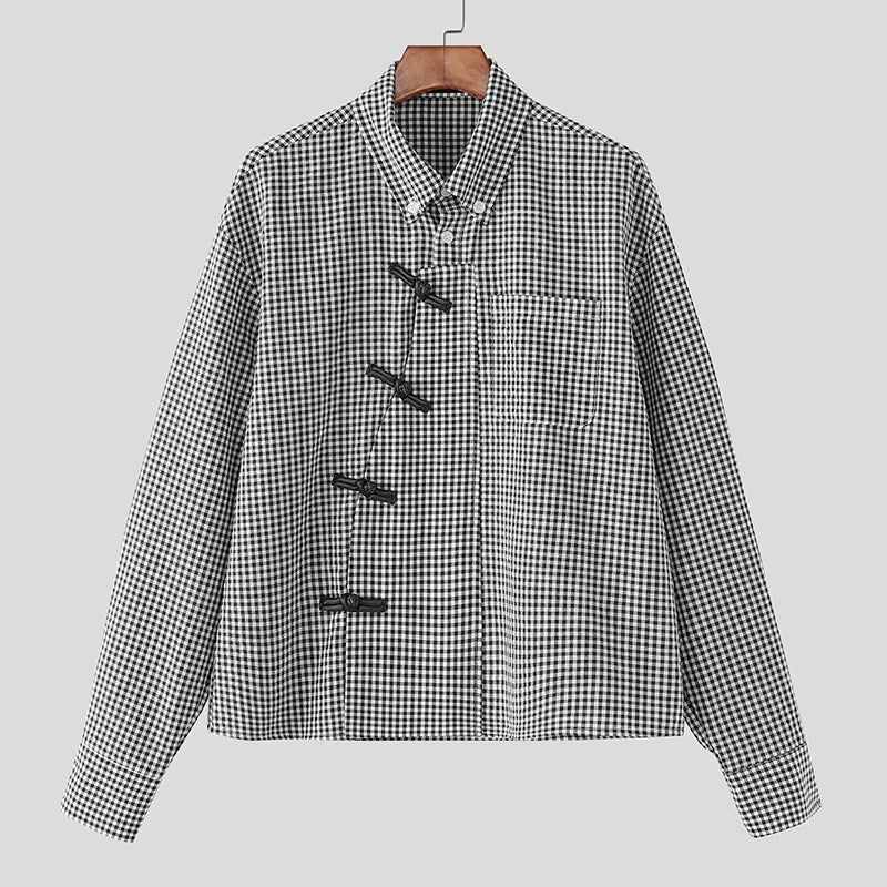 Men's Plaid Patchwork Shirt – Long Sleeve Loose Fit Lapel Streetwear Casual Top