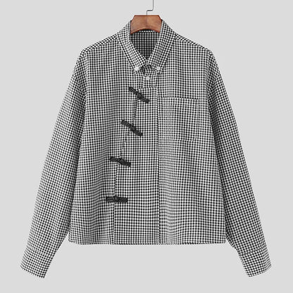 Men's Plaid Patchwork Shirt – Long Sleeve Loose Fit Lapel Streetwear Casual Top