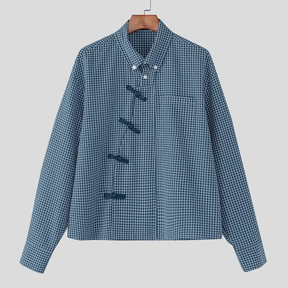 Men's Plaid Patchwork Shirt – Long Sleeve Loose Fit Lapel Streetwear Casual Top