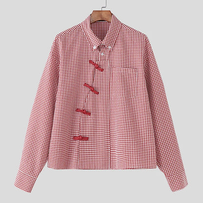 Men's Plaid Patchwork Shirt – Long Sleeve Loose Fit Lapel Streetwear Casual Top