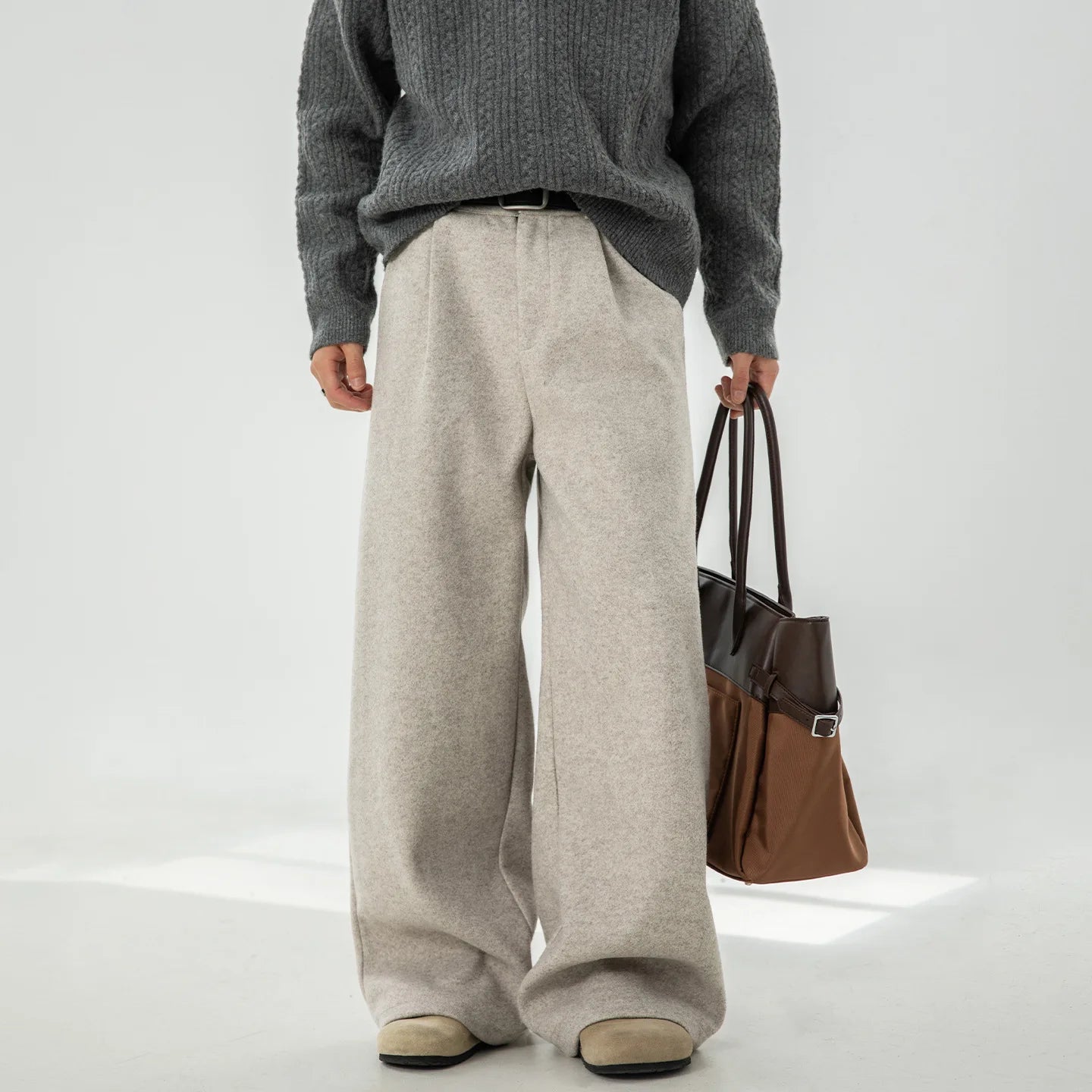 Men's Wide Leg Suit Pants - Heavyweight Solid Color Loose Fit Japanese Style Casual Trousers