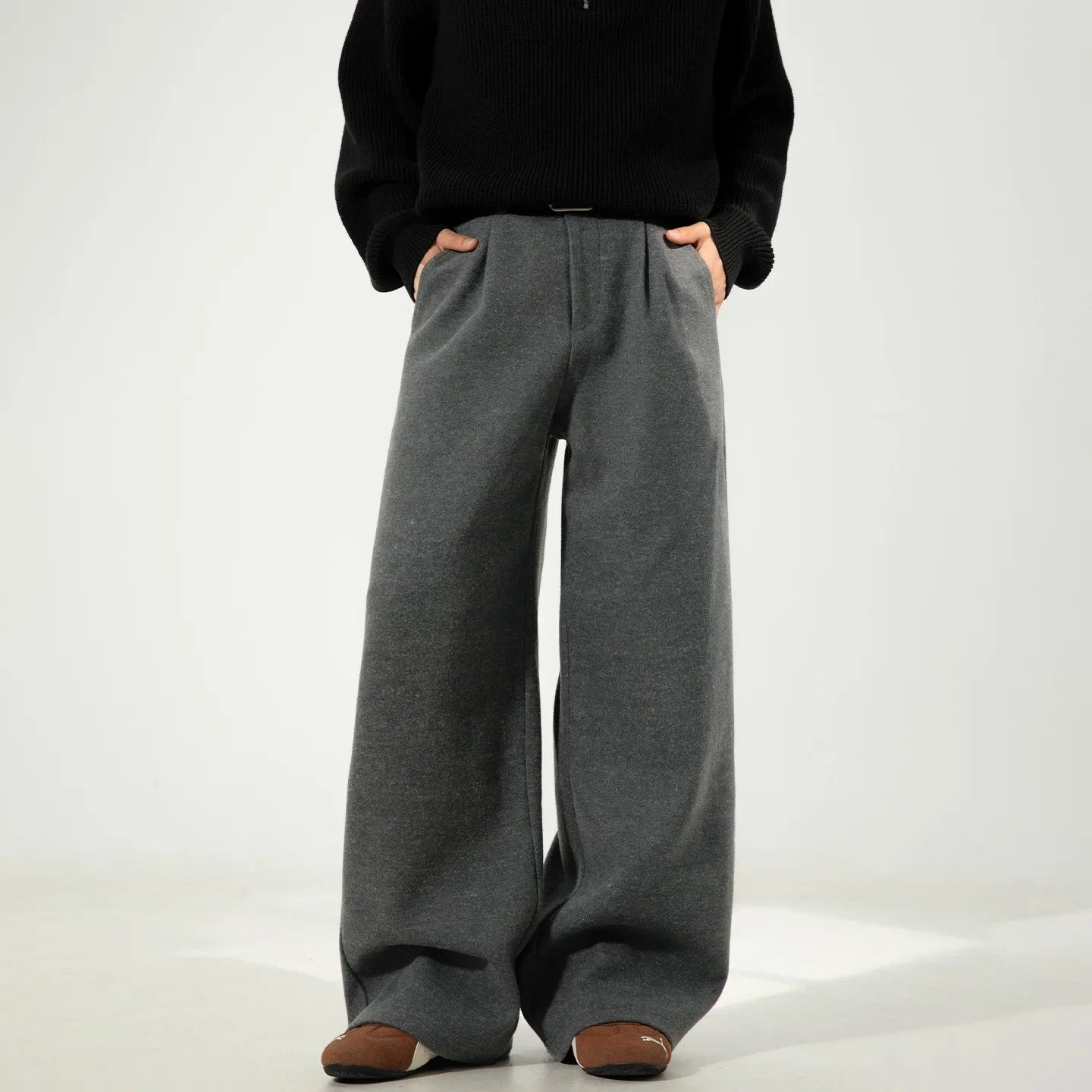 Men's Wide Leg Suit Pants - Heavyweight Solid Color Loose Fit Japanese Style Casual Trousers