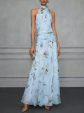 Calla™ Floral Halter Wedding Guest Maxi Dress — Flowy Chiffon A-Line