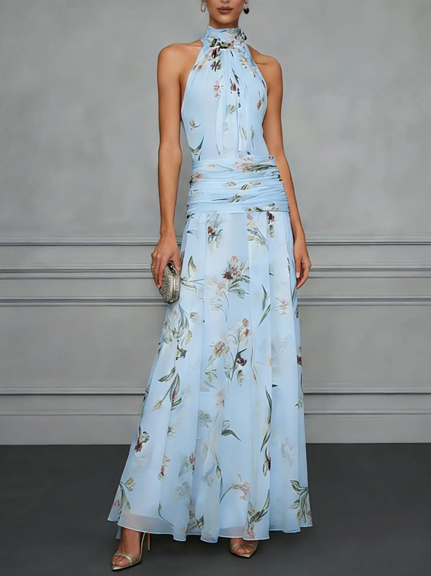 Calla™ Floral Halter Wedding Guest Maxi Dress — Flowy Chiffon A-Line