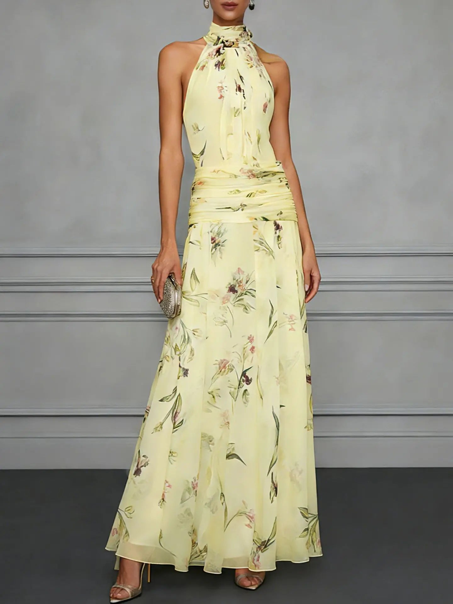 Calla™ Floral Halter Wedding Guest Maxi Dress — Flowy Chiffon A-Line