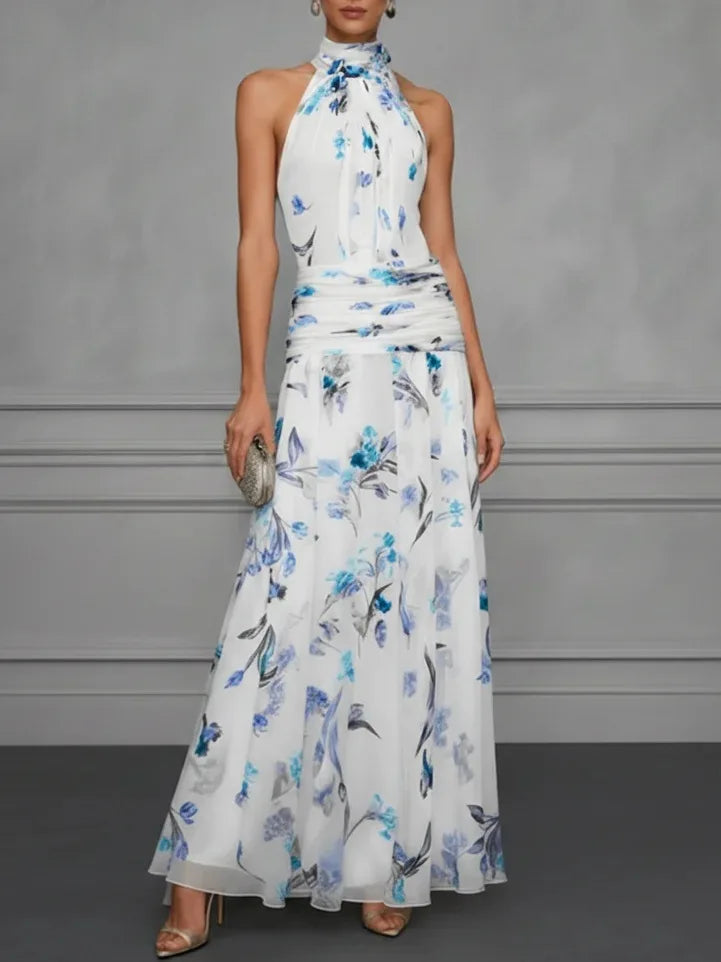 Calla™ Floral Halter Wedding Guest Maxi Dress — Flowy Chiffon A-Line