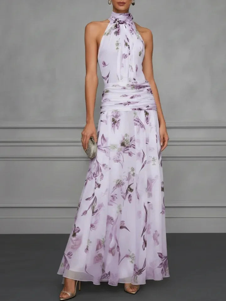 Calla™ Floral Halter Wedding Guest Maxi Dress — Flowy Chiffon A-Line