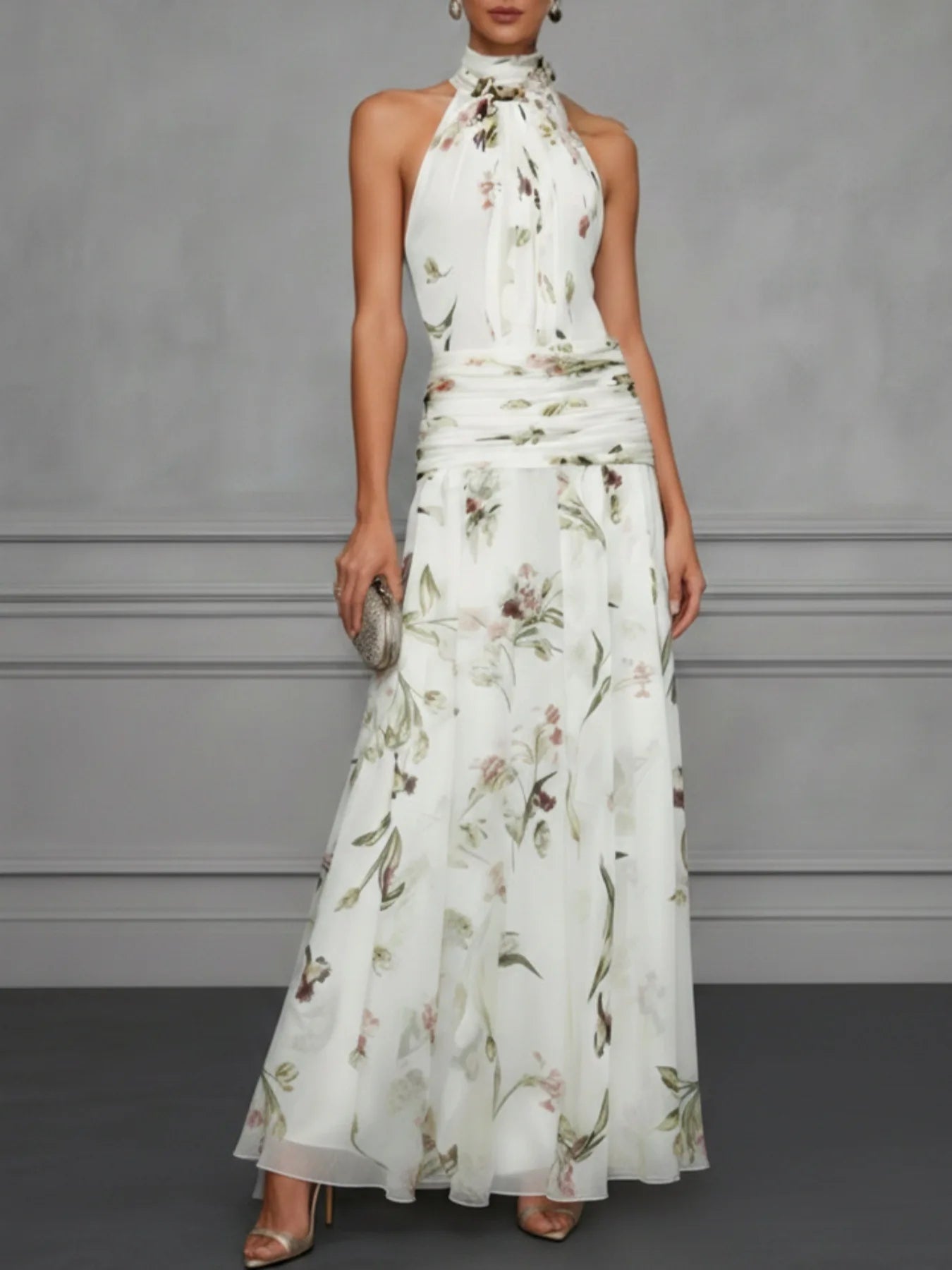 Calla™ Floral Halter Wedding Guest Maxi Dress — Flowy Chiffon A-Line