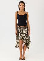 Kia Collection | Low Rise Asymmetrical Midi Skirt with Dramatic Hemline | Chic Style for Effortless Elegance