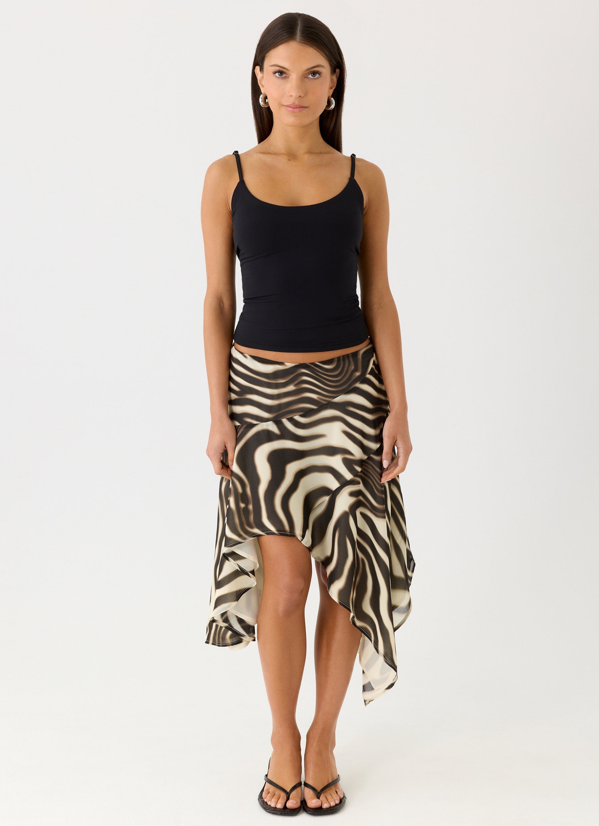 Kia Collection | Low Rise Asymmetrical Midi Skirt with Dramatic Hemline | Chic Style for Effortless Elegance