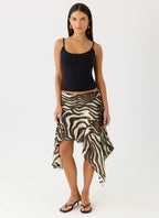 Kia Collection | Low Rise Asymmetrical Midi Skirt with Dramatic Hemline | Chic Style for Effortless Elegance