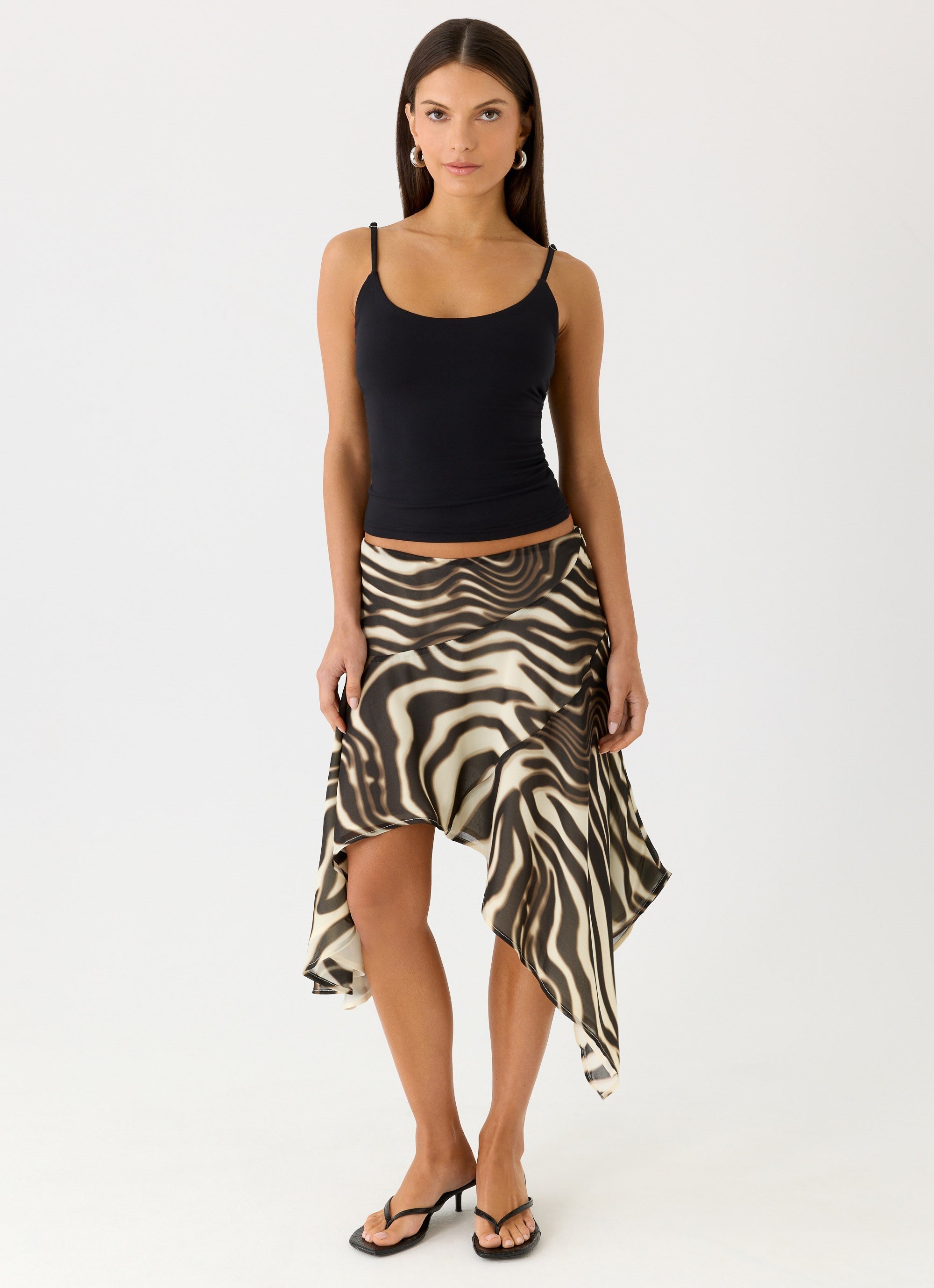 Kia Collection | Low Rise Asymmetrical Midi Skirt with Dramatic Hemline | Chic Style for Effortless Elegance