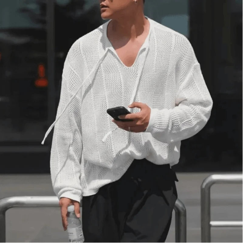 Men's Long Sleeve Hollow Knit Sweater - V-Neck Tether Thin Solid Color Relaxed Fit Pullover