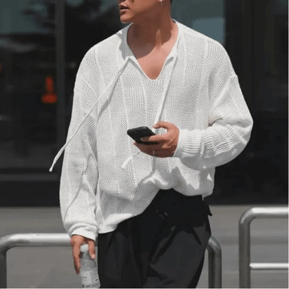 Men's Long Sleeve Hollow Knit Sweater - V-Neck Tether Thin Solid Color Relaxed Fit Pullover