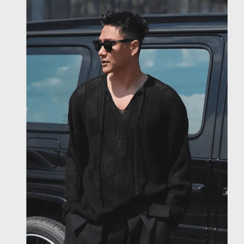 Men's Long Sleeve Hollow Knit Sweater - V-Neck Tether Thin Solid Color Relaxed Fit Pullover