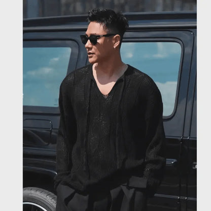 Men's Long Sleeve Hollow Knit Sweater - V-Neck Tether Thin Solid Color Relaxed Fit Pullover