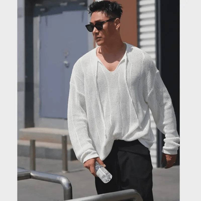 Men's Long Sleeve Hollow Knit Sweater - V-Neck Tether Thin Solid Color Relaxed Fit Pullover